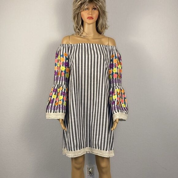 Velzera Striped Off Shoulder Vibrant Floral Embroidered Dress Medium - Picture 2 of 14